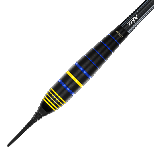 Šipky Red Dragon Luke Humphries World Champion Brass Softdarts - 20g Das Bild zeigt den Red Dragon Luke Humphries World Champion Brass Softdart mit einem Gewicht von 20g. Der Dart ist schwarz mit blauen und gelben Rillen verziert.