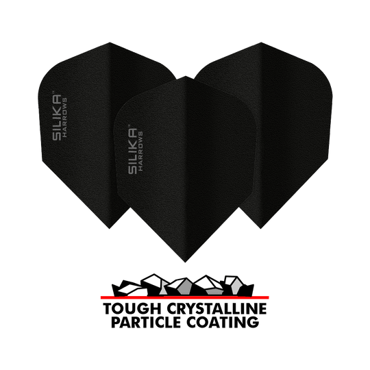 Harrows Silica Solid Houževnatý krystalický povlak Černá No6 Flight Das Bild zeigt drei schwarze Dart-Flights der Marke Harrows Silika mit der Aufschrift "SILIKA HARROWS". Unter den Flights befindet sich ein Logo mit der Aufschrift "TOUGH CRYSTALLINE PARTICLE COATING".
