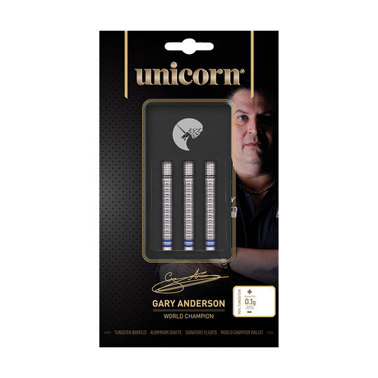 04188_Unicorn_World_Champion_Natural_Phase_3_Gary_Anderson_Softdarts_3_-4_Icon_Case Auf dem Bild ist das Produkt "Unicorn World Champion Natural Phase 3 Gary Anderson Softdarts - 18g" zu sehen. Die Verpackung zeigt drei Darts und ein Bild von Gary Anderson im Hintergrund.