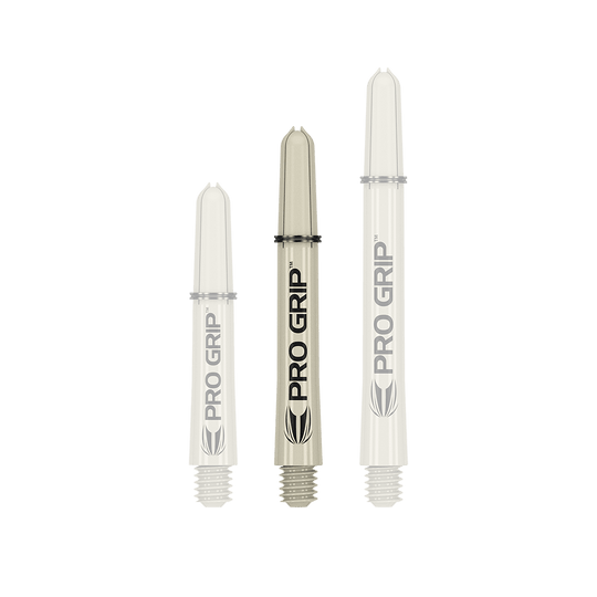 380151_Target_Pro_Grip_Shafts_Sand_41mm_1 Das Bild zeigt drei Target Pro Grip Shafts in der Farbe Sand. Sie sind in unterschiedlichen Längen angeordnet und tragen die Aufschrift "PRO GRIP".