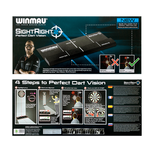 8207_Winmau_SightRight2_3 Das Bild zeigt die Verpackung des Produkts "Winmau SightRight 2" zur Verbesserung der Dart-Genauigkeit. Auf der Rückseite werden vier Schritte zur perfekten Dart-Sicht erklärt.