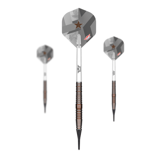 Dardos blandos Bulls NL Max Hopp E5 - 20 g Das Bild zeigt die Bulls NL Max Hopp E5 Softdarts mit einem Gewicht von 20g. Diese Softdarts sind speziell für präzises Dartspiel entwickelt.