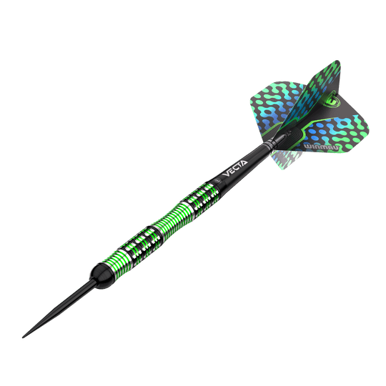 Dardos de acero Winmau Brendan Dolan Das Bild zeigt einen Winmau Brendan Dolan Steeldart. Der Dart hat ein auffälliges Design mit grünen und schwarzen Akzenten.