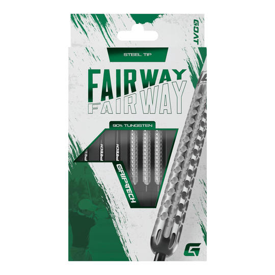 Fléchettes GOAT Fairway V1 en acier tungstène Die Abbildung zeigt eine Verpackung der GOAT Fairway V1 Tungsten Steeldarts. Die Darts haben eine Stahlspitze und bestehen zu 90% aus Tungsten.