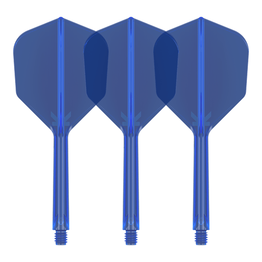 Letový systém Target K-Flex No6 - modrý Das Bild zeigt drei blaue Dart-Flights mit Schäften. Sie stehen nebeneinander und sind identisch gestaltet.