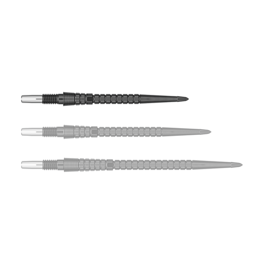 Target Chrono Swiss Storm Point Dart Tips - Black Eine einzelne schwarze Dartspitze ist zu sehen. Sie liegt quer im Bild.