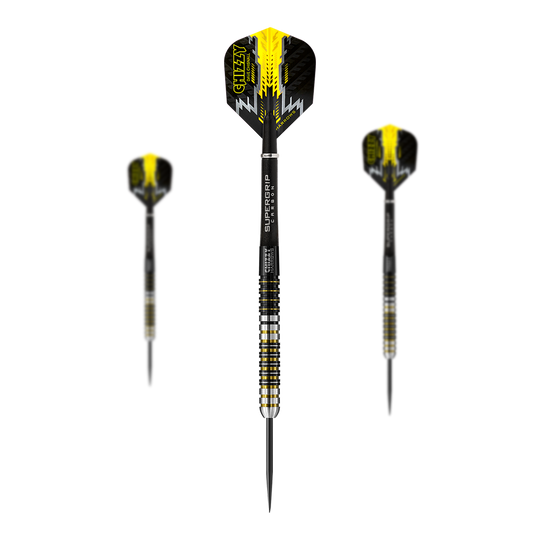 Dardos de acero Chizzy de Dave Chisnall de Harrow Das Bild zeigt drei Steeldarts des Modells "Harrows Dave Chisnall Chizzy". Die Darts sind schwarz-gelb gestaltet und haben die Aufschrift "CHIZZY" auf den Flights.
