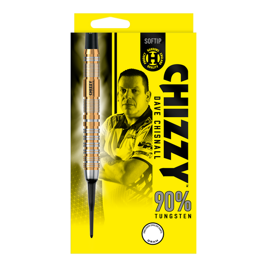 Miękkie rzutki Harrow's Dave Chisnall Chizzy Series 2 Die Verpackung zeigt die "Harrows Dave Chisnall Chizzy Series 2 Softdarts" mit einem Bild von Dave Chisnall. Auf der gelben Schachtel steht, dass die Darts aus 90% Tungsten bestehen.