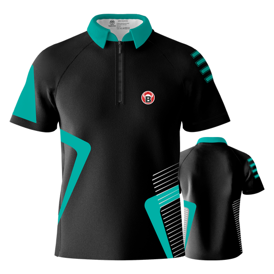 Maglietta Bulls Team Dart - Menta Das Bild zeigt das Bulls Team Dartshirt in der Farbe Mint. Das Shirt ist überwiegend schwarz mit mintfarbenen Akzenten und einem kleinen Logo auf der Brust.