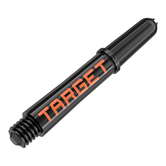 Aste Target Pro Grip TAG - 3 set - Nero Arancione Das Bild zeigt einen schwarzen Dart-Schaft mit orangener Aufschrift "TARGET". Er hat ein Schraubgewinde an einem Ende und ist 34 mm lang.