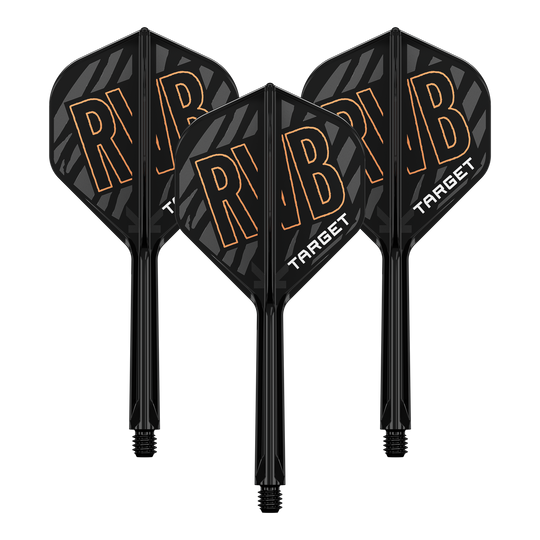 Das Bild zeigt drei schwarze Dartflights mit integrierter Schaftsystem. Auf den Flights steht in großen Buchstaben "RVB" und darunter "TARGET".