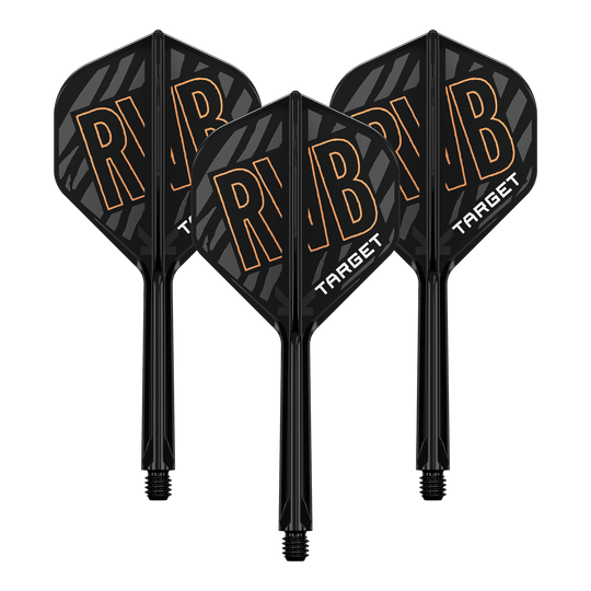 Target K-Flex Raymond Van Barneveld No2 Standardowy system wału napędowego Das Bild zeigt drei schwarze Dartflights mit integrierter Schaftsystem. Auf den Flights steht in großen Buchstaben "RVB" und darunter "TARGET".
