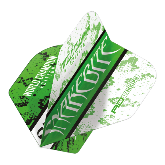 Červený drak Peter Wright Uštknutí hadem Zelená Bílá Jin Jang Standardní lety Das Bild zeigt ein Dart-Flight mit grün-weißem Design und dem Aufdruck "Snakebite" sowie "World Champion Edition". Es handelt sich um das Modell "Red Dragon Peter Wright Snakebite Green White Yin Yang Standard Flights".