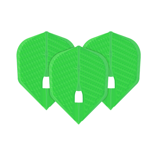 Das Bild zeigt drei grüne Dartflights in einer speziellen Form mit Dimple-Struktur. Es handelt sich um das Produkt "L-Style Flights Dimple Champagne L3PRO Shape".