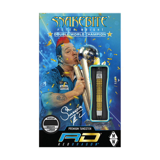 Šipky Red Dragon Peter Wright Double World Champion SE Gold Plus Softdarts - 20g Das Bild zeigt die Verpackung der "Red Dragon Peter Wright Double World Champion SE Gold Plus Softdarts - 20g". Auf der Verpackung ist ein Bild von Peter Wright mit Pokal und einem goldfarbenen Dart abgebildet.