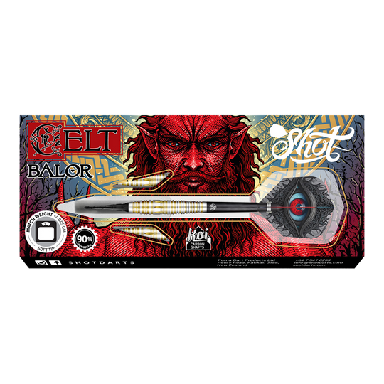 Dardos suaves Shot Celt Balor Die Abbildung zeigt die „Shot Celt Balor Softdarts“ in ihrer Verpackung. Auf der Verpackung ist ein auffälliges, rotes Fantasy-Gesicht im Hintergrund zu sehen.