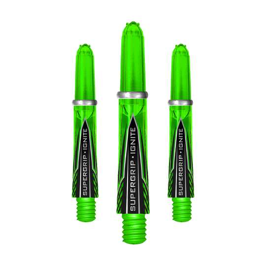 HR389_Harrows_Supergrip_Ignite_Shafts_Gr-n_33mm_1 Zu sehen sind Harrows Supergrip Ignite Shafts. Die Dartschäfte weisen ein modernes Design auf.