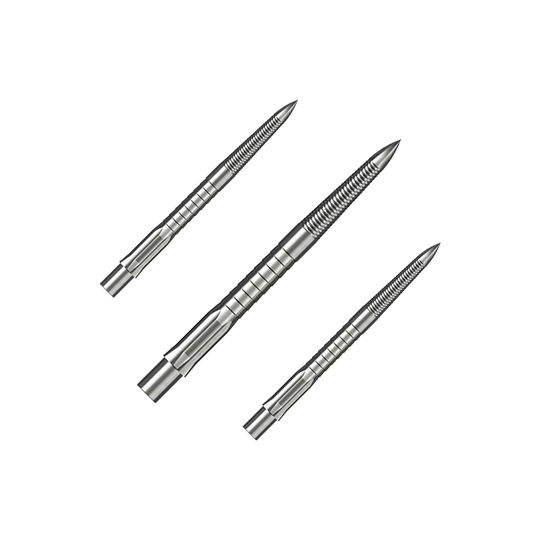 Puntas de dardos Caliburn System de acero - Micro Grip - Plateadas Das Bild zeigt drei silberne Steeldartspitzen mit feinem Micro-Grip. Sie sind 28 mm lang und sauber nebeneinander angeordnet.