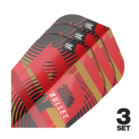 Letenky Target Pro Ultra Stephen Bunting GEN5 No6 – 3 sady Das Bild zeigt drei Sätze der Target Pro Ultra Stephen Bunting GEN5 No6 Flights. Die Flights sind rot, schwarz und gold gefärbt und tragen das Wort "BULLET".