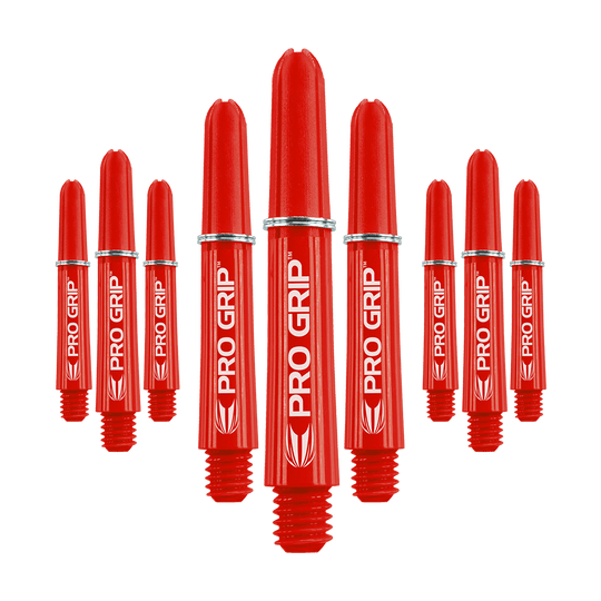 Target Pro Grip Shafts - 3 Sets - Rot Das Bild zeigt neun rote Dart-Schäfte mit der Aufschrift "PRO GRIP". Sie sind in drei Gruppen angeordnet und haben ein auffälliges, glänzendes Design.