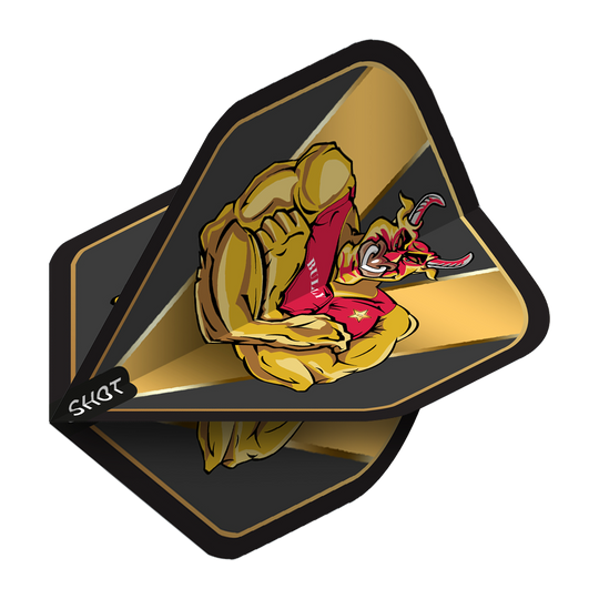 Zastřelil Michaela Smitha Bully Boye Zlatý standard letů Das Bild zeigt die 'Shot Michael Smith Bully Boy Gold Standard Flights' mit einem goldenen, muskulösen Stier als Motiv. Die Flights sind schwarz-gold gehalten und haben eine auffällige, kräftige Grafik.