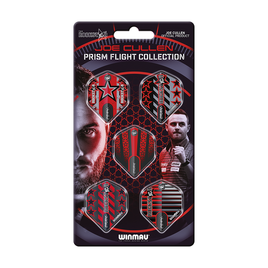 8138_Winmau_Joe_Cullen_Prism_Flight_Collection_1 Das Bild zeigt die "Winmau Joe Cullen Prism Flight Collection", eine Sammlung von Dart-Flights. Die Verpackung ist rot-schwarz gestaltet und zeigt verschiedene Motive sowie Bilder von Joe Cullen.