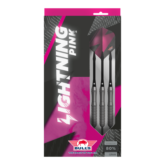 Dardos de acero Bulls NL Lightning Pink Das Bild zeigt eine Verpackung der "Bulls NL Lightning Pink Steeldarts". Die Darts sind in Schwarz und Pink gestaltet und haben einen Stahlspitze.