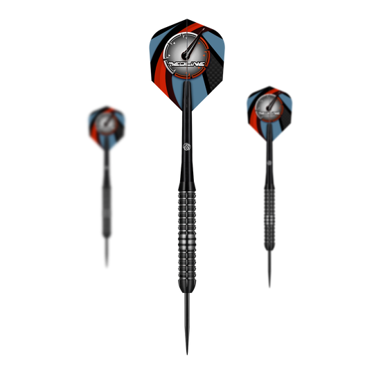 Dardos de acero Shot Redline Blazed Das Bild zeigt drei Steeldarts des Produkts "Shot Redline Blazed". Die Flights sind mit einem schwarz-roten und blauen Muster sowie dem Redline-Logo gestaltet.