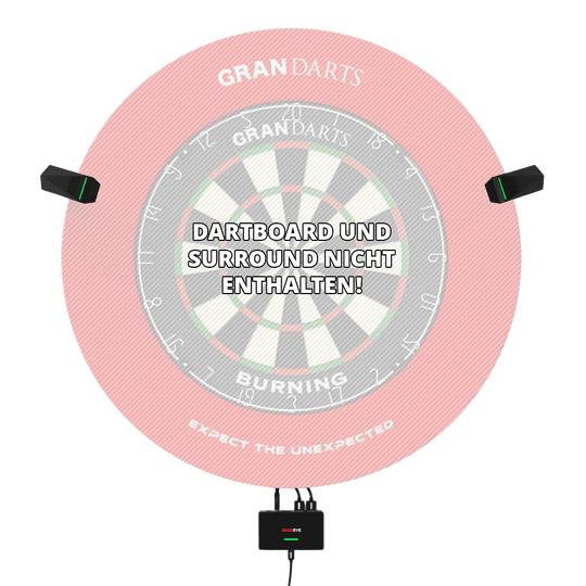 Das Bild zeigt das GranDarts GranEye Steeldart Auto-Scoring-System mit Kameras und einer Steuereinheit. In der Mitte steht der Hinweis: "Dartboard und Surround nicht enthalten!"