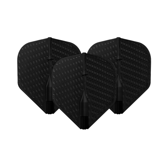 L-Style Flights Dimple Champagne L1EZ Standard Auf dem Bild sind drei schwarze Dart-Flights mit Dimple-Oberfläche zu sehen. Sie stehen nebeneinander und sind identisch geformt.