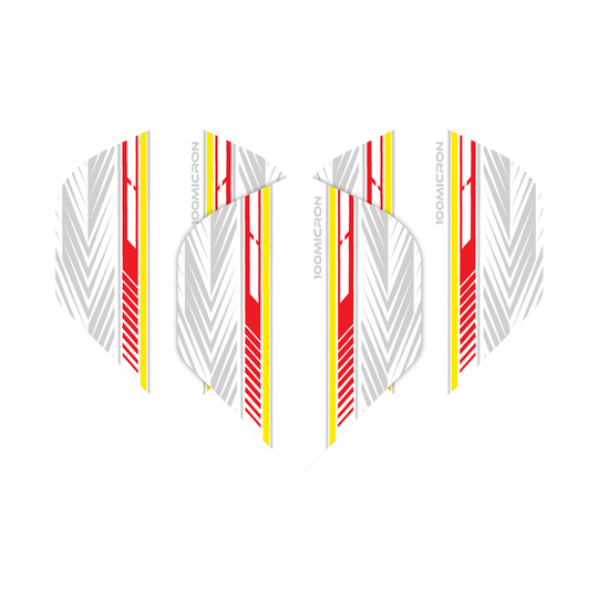 Voli Pentathlon bianchi/rossi/gialli Das Bild zeigt die Pentathlon White Red Yellow No2 Standard Flights in einem modernen Design. Die Flights sind weiß mit roten, gelben und grauen Streifen verziert.
