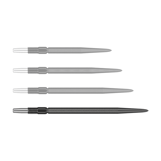 Target Swiss Point Nano Dart Tips - Black Auf dem Bild sind vier schwarze Dartspitzen nebeneinander angeordnet. Die Spitzen haben einen silbernen Ansatz und einen geriffelten Schaft.