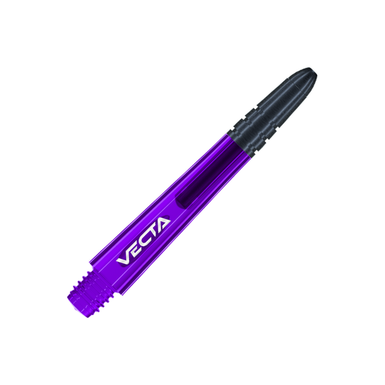 Winmau Vecta Shafts - Lila Schwarz Das Bild zeigt einen lila und schwarzen Dart-Schaft mit der Aufschrift "VECTA". Der Schaft hat ein glattes, modernes Design und misst 37 mm.