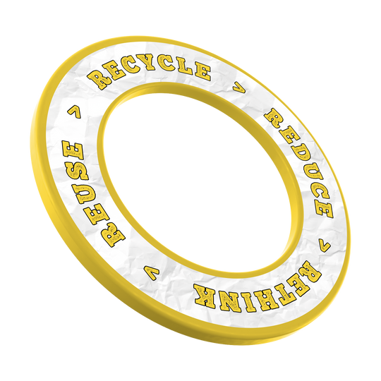 McDart Recycle Reduce Rethink Reuse Dartboard Surround Das Bild zeigt das Produkt mit dem Dateinamen MSF-C7_McDart_Recyle_Reuse_Reduce_Rethink_Surround_Gelb_1. Es handelt sich um einen gelben Dartboard-Surround mit Recycling-Motiv.