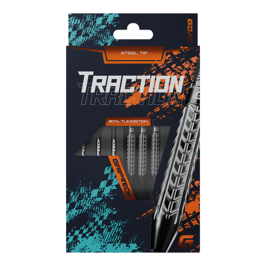 Lotki GOAT Traction ze stali wolframowej Die Abbildung zeigt die Verpackung der "GOAT Traction Tungsten Steeldarts" mit Stahlspitzen. Auf der Vorderseite ist das auffällige Design und der Hinweis auf 80% Tungsten sowie GRIPTECH deutlich sichtbar.