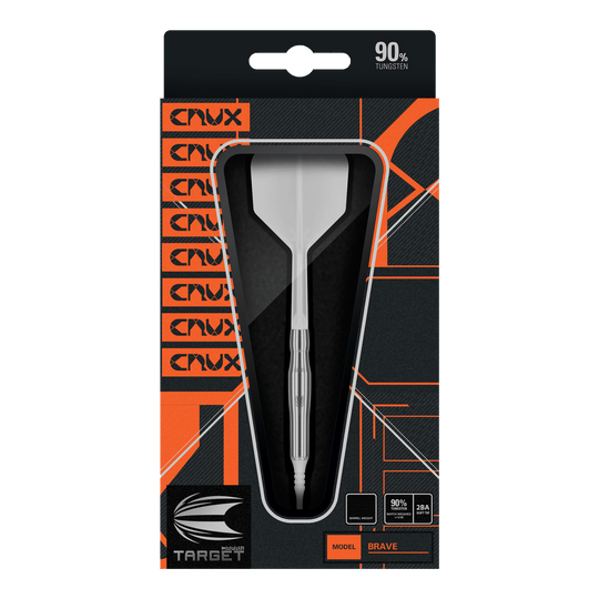 Freccette morbide Target Japan Crux Brave - 18,5 g Das Bild zeigt die Verpackung des Produkts "Target Japan Crux Brave Softdarts - 18,5g". Der Dartpfeil ist gut sichtbar in einer schwarzen und orangefarbenen Box präsentiert.