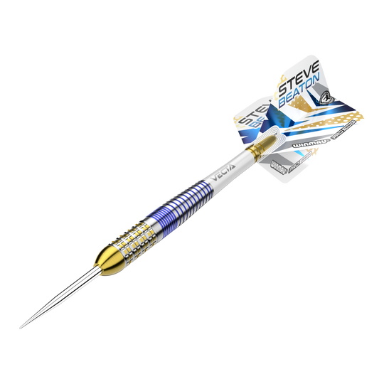 Dardos de acero Winmau Steve Beaton Legend Series Das Bild zeigt einen Steeldart aus der Winmau Steve Beaton Legend Series. Der Dart hat ein farbenfrohes Design mit blauen, goldenen und silbernen Akzenten.