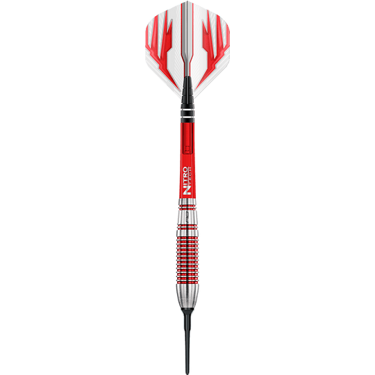 RD2137_Red_Dragon_Reflex_Softdarts_1dEfRHPaBBpnQ2 Das Bild zeigt einen Red Dragon Reflex Softdart mit einem Gewicht von 22 Gramm. Der Dart hat ein auffälliges Design in Rot, Silber und Weiß.