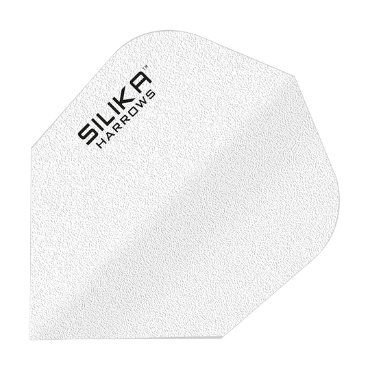 Harrows Silica Solid Houževnatý krystalický povlak White No6 Flights Das Bild zeigt ein weißes Dart-Flight mit der Aufschrift "SILIKA HARROWS". Es hat eine strukturierte Oberfläche und gehört zur Produktreihe "Silika Solid Tough Crystalline Coating White No6 Flights".