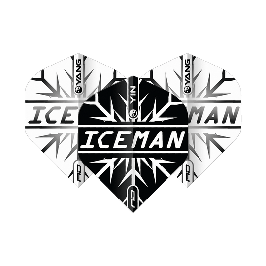 Red Dragon Gerwyn Price Iceman Nero Bianco Yin Yang Voli Standard Das Bild zeigt Dart-Flights in einem Yin-Yang-Design in Schwarz und Weiß mit dem Schriftzug "ICEMAN" in der Mitte. Das Muster erinnert an Eiskristalle und trägt das Markenlogo "Red Dragon".