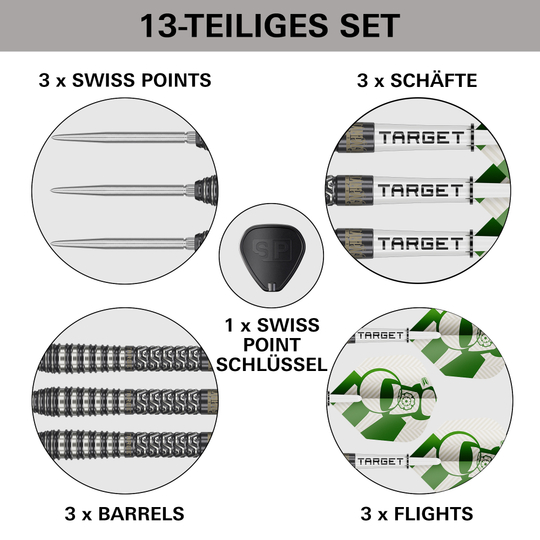Target Charlie Manby Swiss Points Steeldarts Das Bild zeigt die Target Charlie Manby Swiss Points Steeldarts. Sie eignen sich für professionelle Dartspieler.
