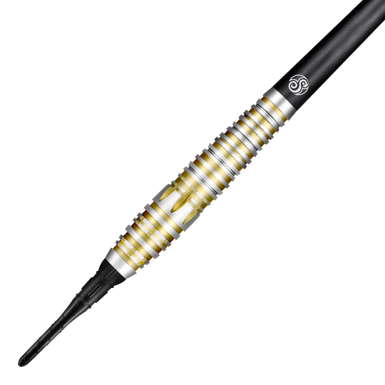 Dardos suaves Shot Celt Balor Dies ist ein Shot Celt Balor Softdart. Der Dartpfeil hat ein silbernes und goldenes Ringdesign mit einer schwarzen Spitze.