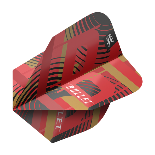 Letenky Target Pro Ultra Stephen Bunting GEN5 No6 – 3 sady Das Bild zeigt ein Dartflight aus der Serie "Target Pro Ultra Stephen Bunting GEN5 No6". Das Flight ist rot mit schwarzen und goldenen Akzenten und trägt die Aufschrift "BULLET".