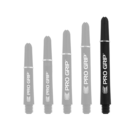 110160_Target_Pro_Grip_Shafts_Schwarz_48mm_1 Das Bild zeigt fünf schwarze Target Pro Grip Shafts in unterschiedlichen Längen. Auf jedem Shaft steht in weißer Schrift "PRO GRIP".