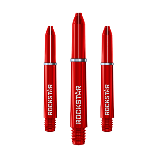 Alberi in nylon Winmau Joe Cullen Rockstar Auf dem Bild sind drei rote Nylon-Dartschäfte mit der Aufschrift "ROCKSTAR" zu sehen. Sie haben silberne Ringe und sind nebeneinander angeordnet.