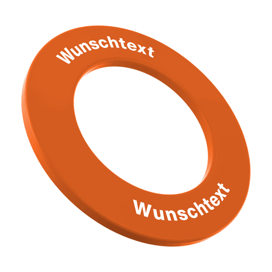 Surround mit Wunschdruck Auf dem Bild ist ein neonorangefarbener Dartboard-Surround-Ring zu sehen. Der Ring trägt zwei Mal den weißen Schriftzug „Wunschtext“.