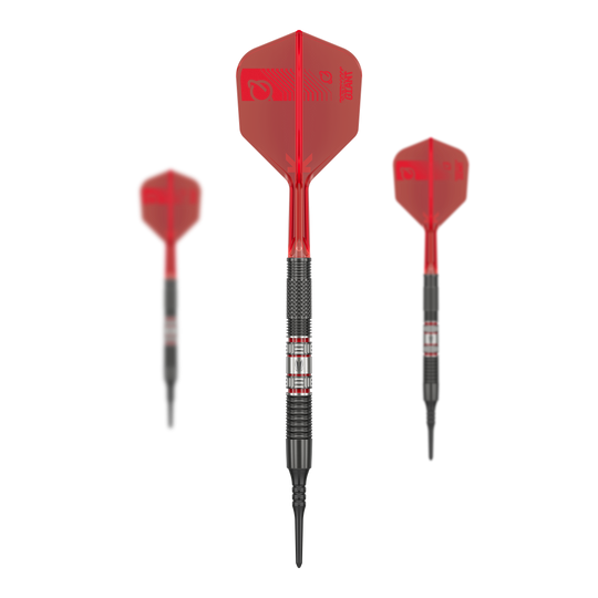 Target Gabriel Clemens 95K Softdarts - 19g Das Bild zeigt drei Softdarts des Modells "Target Gabriel Clemens 95K Softdarts - 19g". Die Darts haben rote Flights und einen silber-schwarzen Barrel mit markanten Rillen.