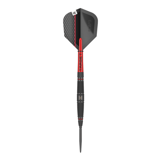 Dardos de acero Target Scope 04 Swiss Point Dies ist der Target Scope 04 Swiss Point Steeldart. Er hat ein modernes Design mit schwarzen und roten Akzenten.