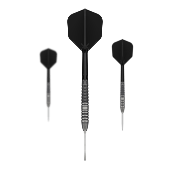 Target Japan Black Marque Lumiere GEN3 Steeldarts Das Bild zeigt drei Steeldarts mit schwarzen Flights und silbernen Spitzen. Es handelt sich um das Produkt "Target Japan Black Marque Lumiere GEN3 Steeldarts".