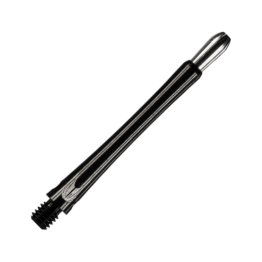 Das Bild zeigt einen schwarzen Aluminium-Dartshaft mit Gewinde. Das schlanke Design sorgt für einen sicheren Halt und eine elegante Optik.